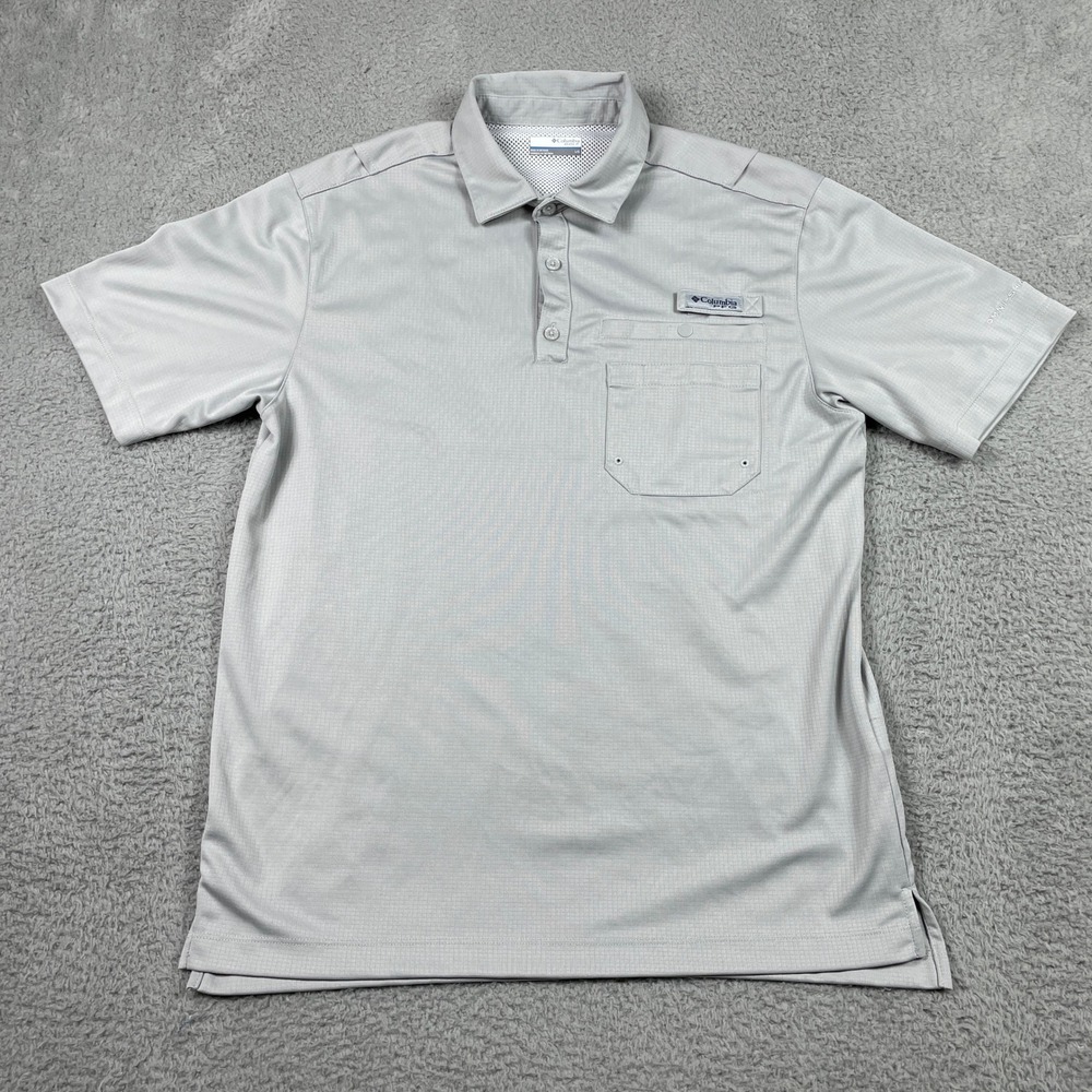 Columbia PFG Omni-Wick Polo Mens Large Gray Golf Flycaster Pocket Fishing Shirt